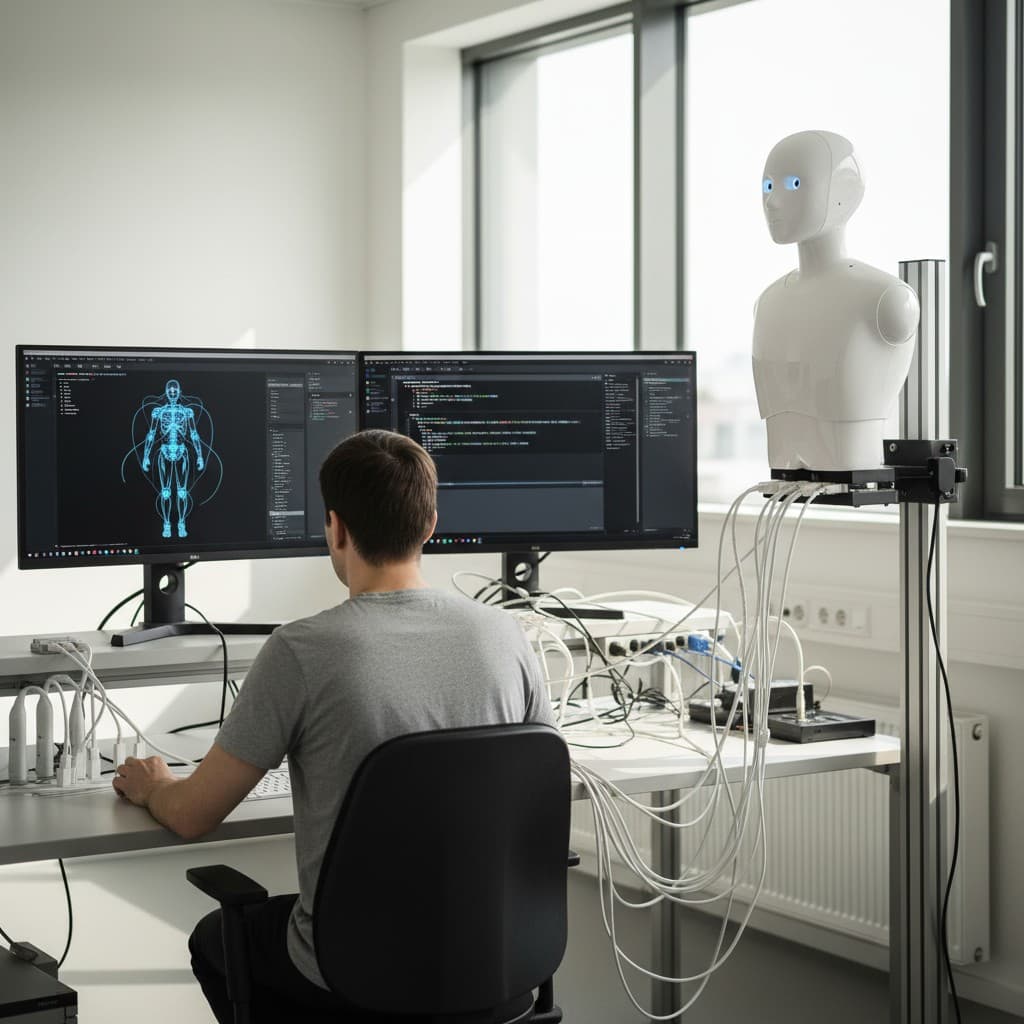Engineer programming a humanoid robot